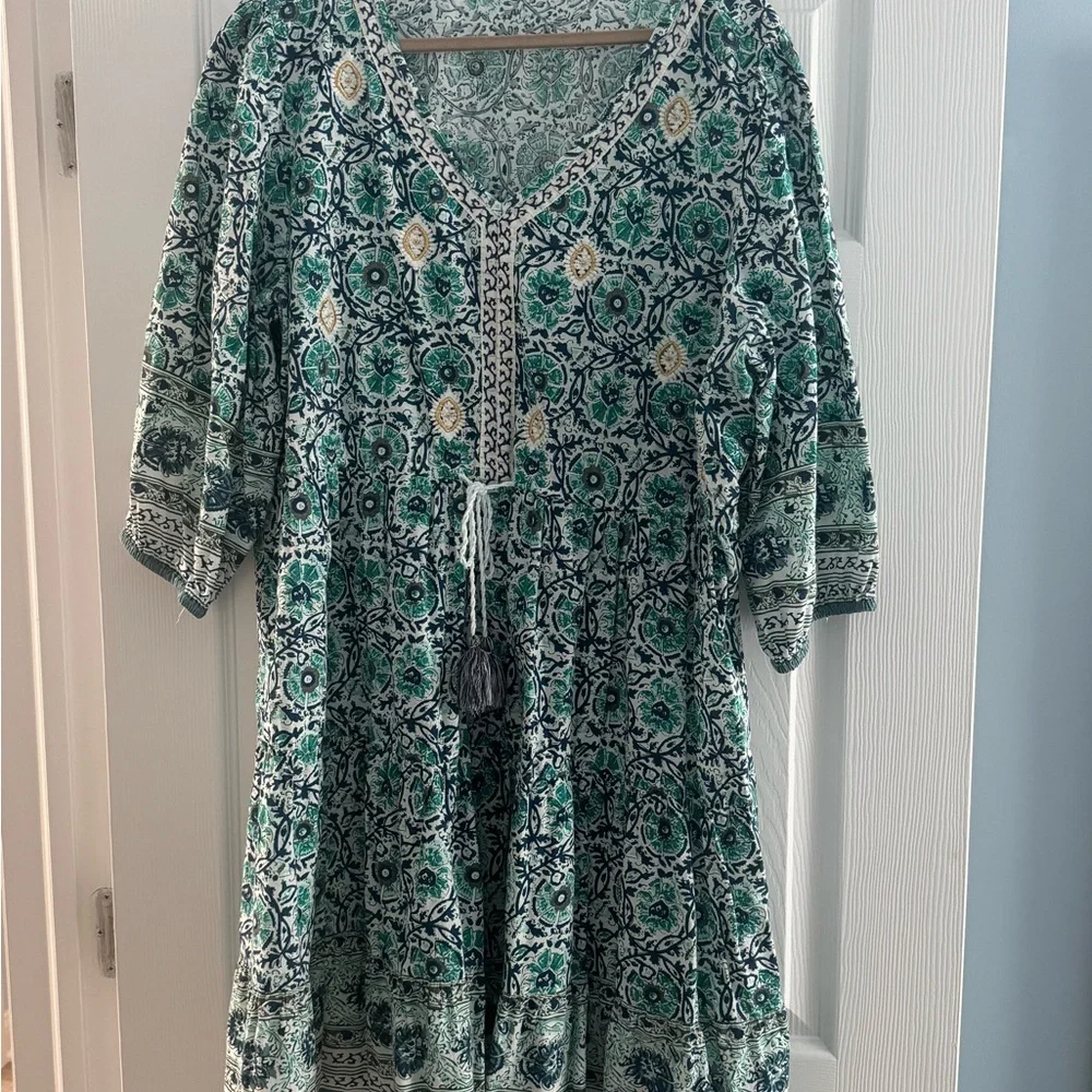 Soft Surroundings Teal and White Patterned Midi Dress - Picture 2 of 5